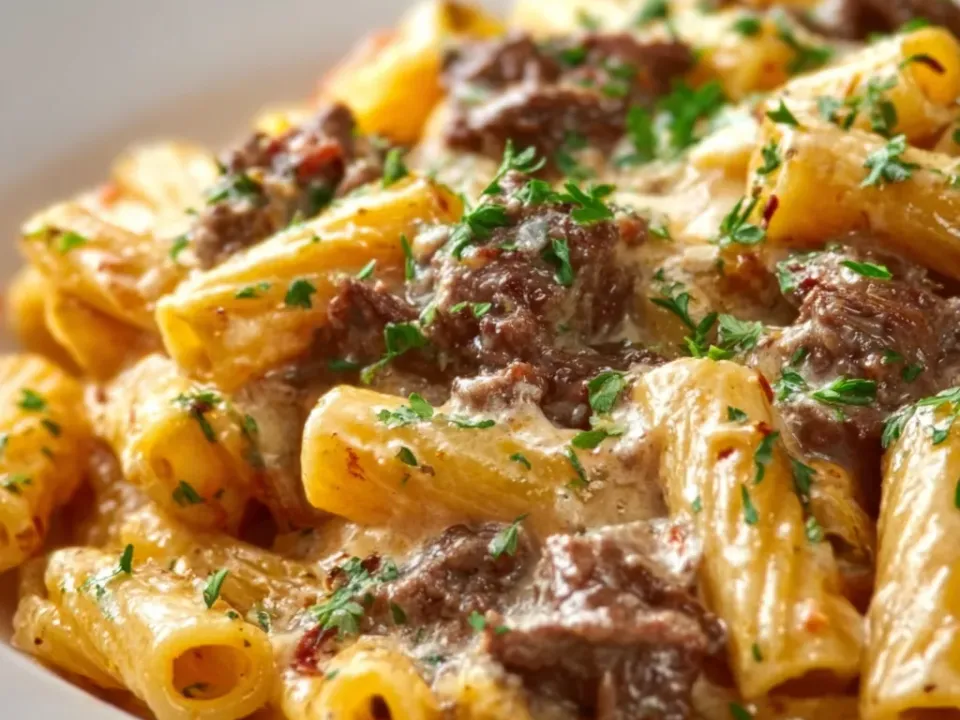 Large ridged rigatoni tubes in a thin pale cream sauce with clumps of browned crumbled beef, scattered with chopped flat parsley and red pepper flakes