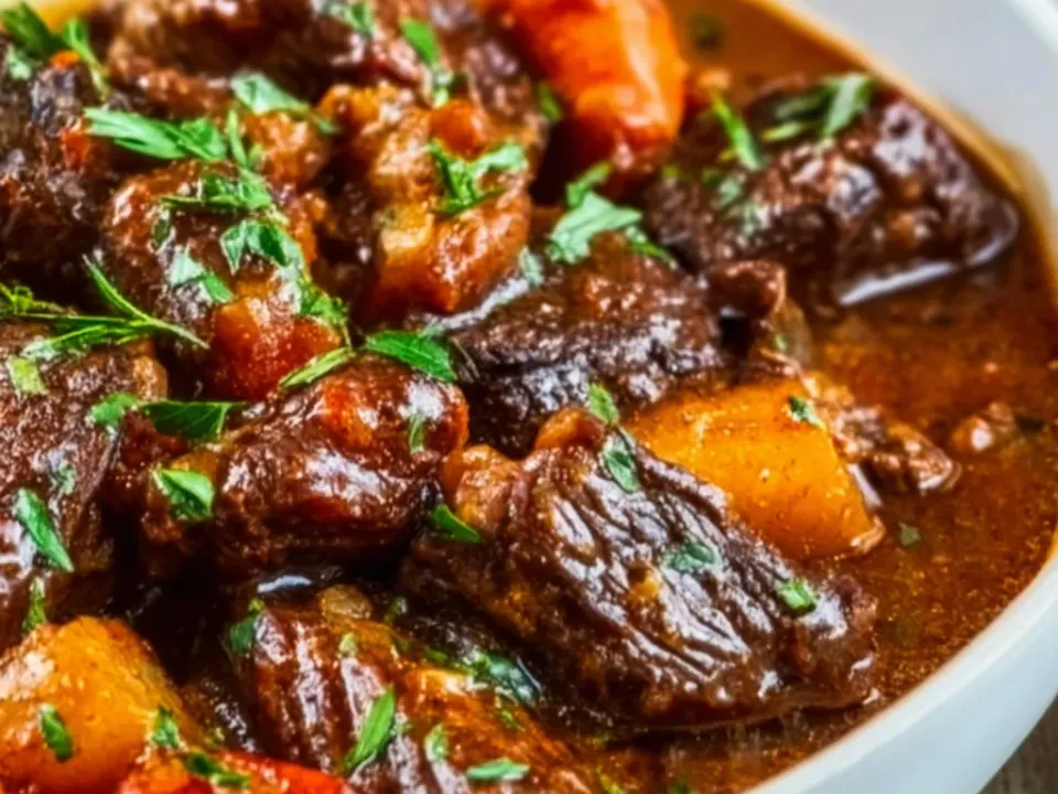 Dark braised beef chunks in a rich red-brown gravy with carrot rounds and red pepper pieces in a white bowl, with heavy parsley and a little mash at the edge