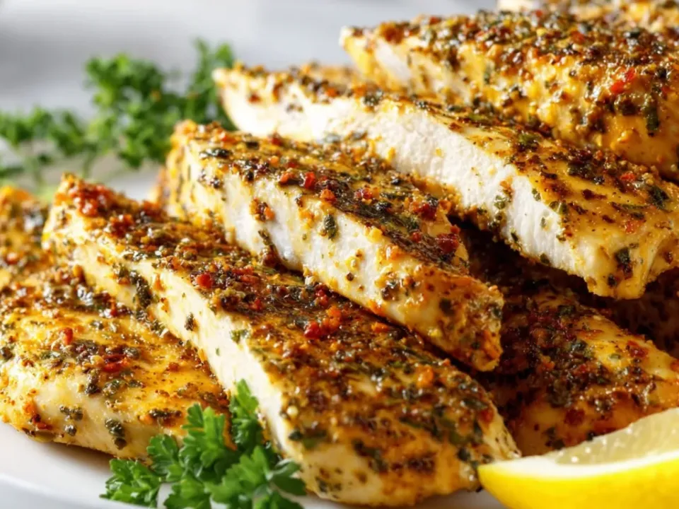 Sliced pale turkey breast strips under a heavy coarse lemon-pepper herb crust on a white plate, with fresh parsley and a lemon wedge alongside