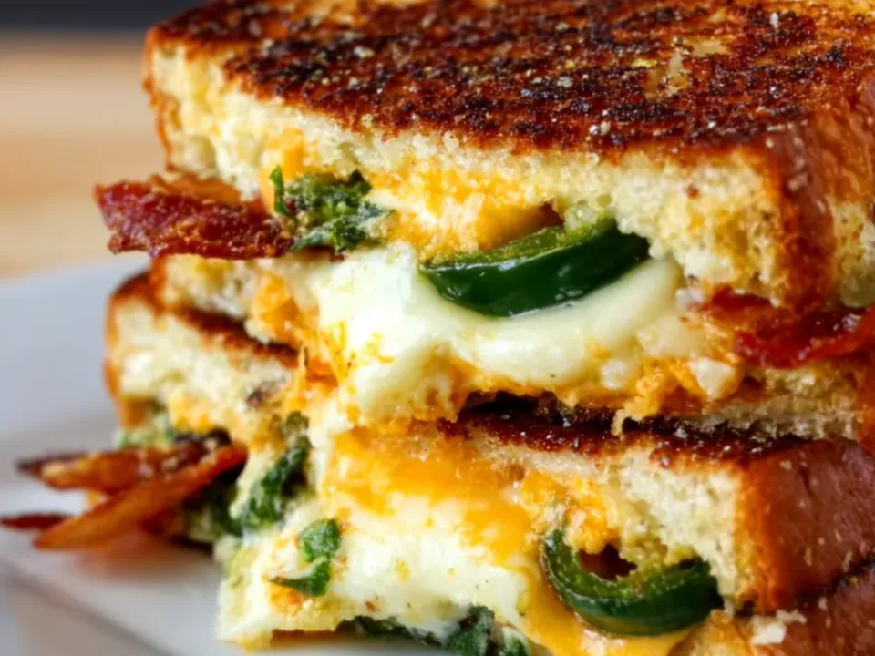 Two stacked halves of a dark-griddled sandwich on a white plate showing a thick white cream cheese layer, melted orange cheddar, green jalapeño rounds and crisp bacon strips