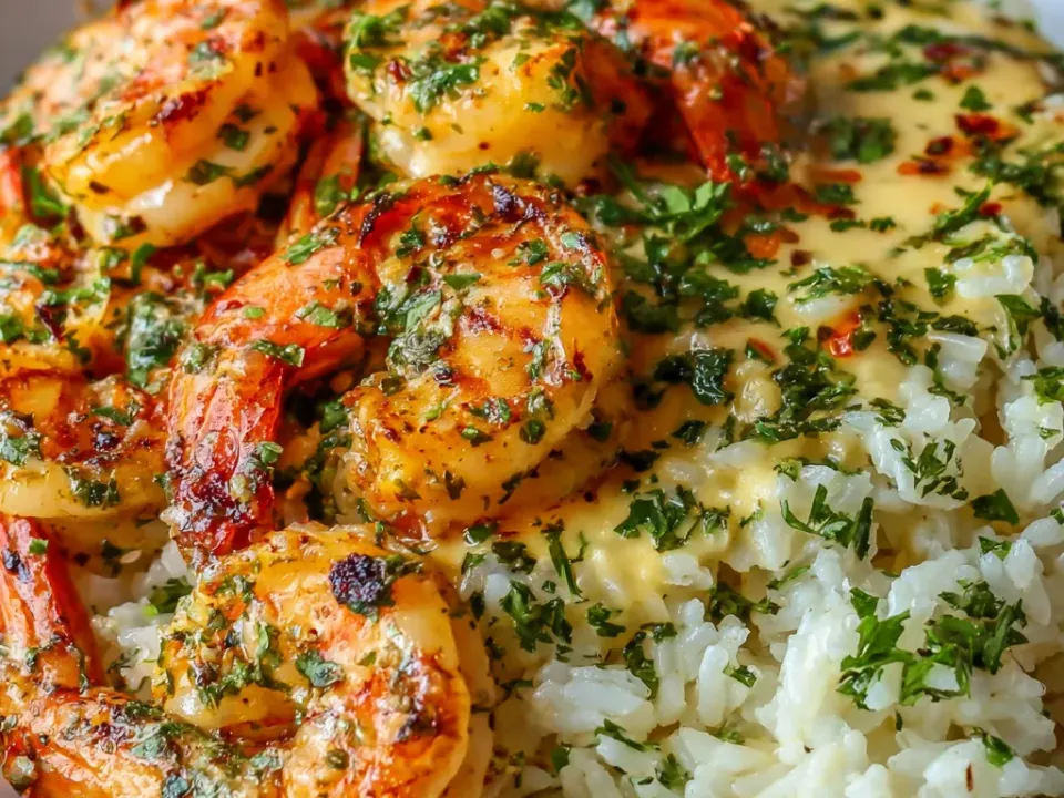 Fluffy white rice flecked with chopped parsley part-covered by a pale yellow butter sauce, with large tail-on seared shrimp laid over one side under parsley and red chilli flakes