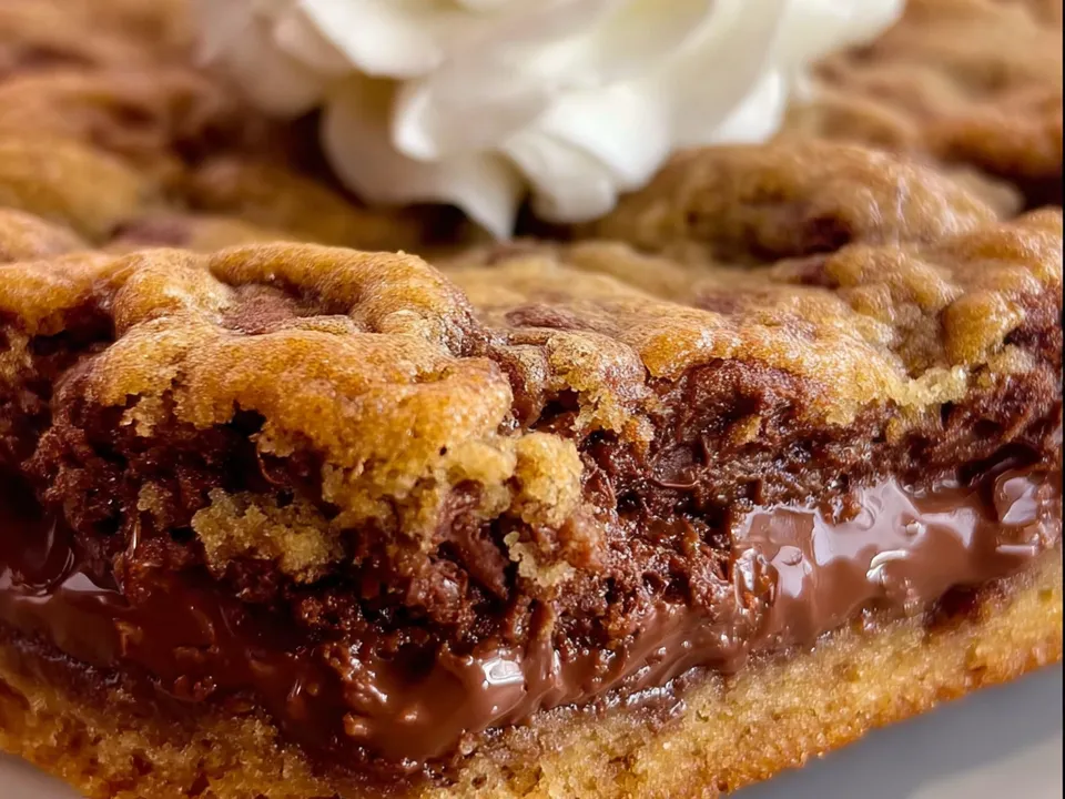 A sliced cookie pie with a gooey chocolate-hazelnut centre, whipped cream on top