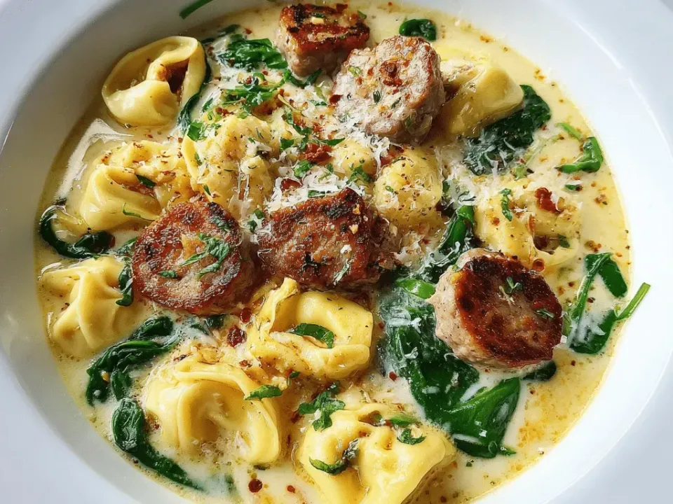 Cheese tortellini and browned sausage rounds in a pale ivory creamy broth with wilted spinach, grated Parmesan and red pepper flakes in a white bowl