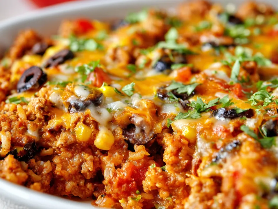 Baking dish of southwestern turkey casserole with rice, black beans, corn and red pepper under melted cheese, topped with cilantro