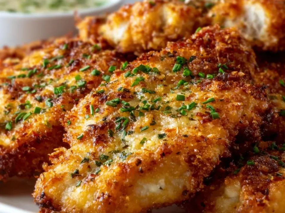 Flattened chicken cutlets with a thick golden crumb-and-Parmesan crust and chopped chives on a white plate, a small bowl of creamy herb dip behind