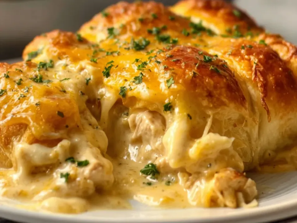 A plated portion of golden crescent dough baked over shredded chicken in a creamy pale sauce under melted cheddar browned in patches, with parsley