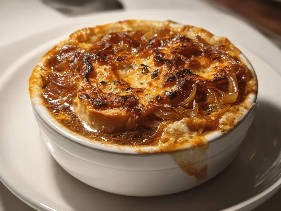 Bowl of dark onion and chicken soup topped with a baguette slice under browned melted Gruyère