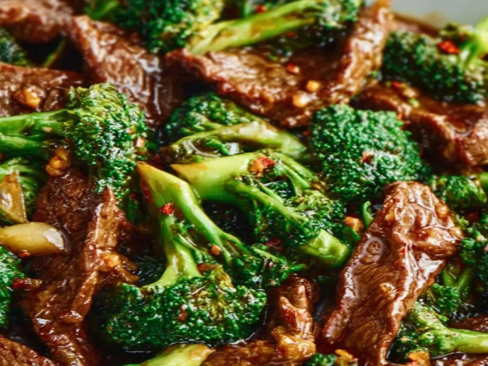 Thin wide slices of browned beef and bright green broccoli florets in a glossy dark brown sauce with sliced garlic and red chilli flakes in a pale bowl