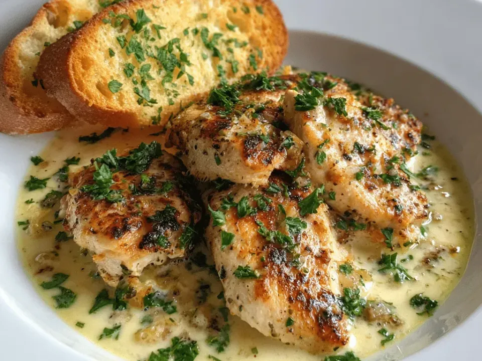 Browned chicken pieces in a pale yellow-green creamy sauce heavy with chopped parsley in a white bowl, with two slices of toasted garlic bread at the edge