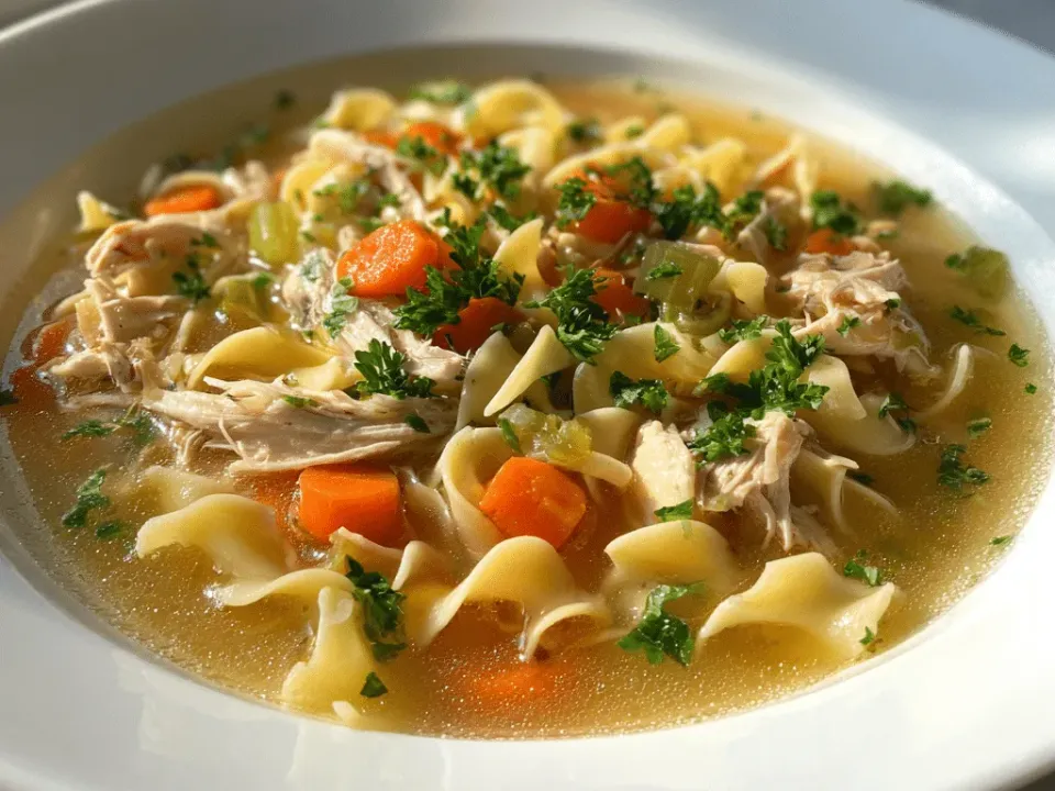 Bowl of chicken noodle soup with shredded chicken, sliced carrots, celery and wide egg noodles in a clear broth