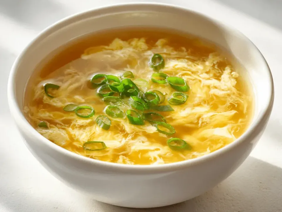 A clear golden broth threaded throughout with soft pale-yellow ribbons of cooked egg, topped with sliced green onion rounds in a white bowl