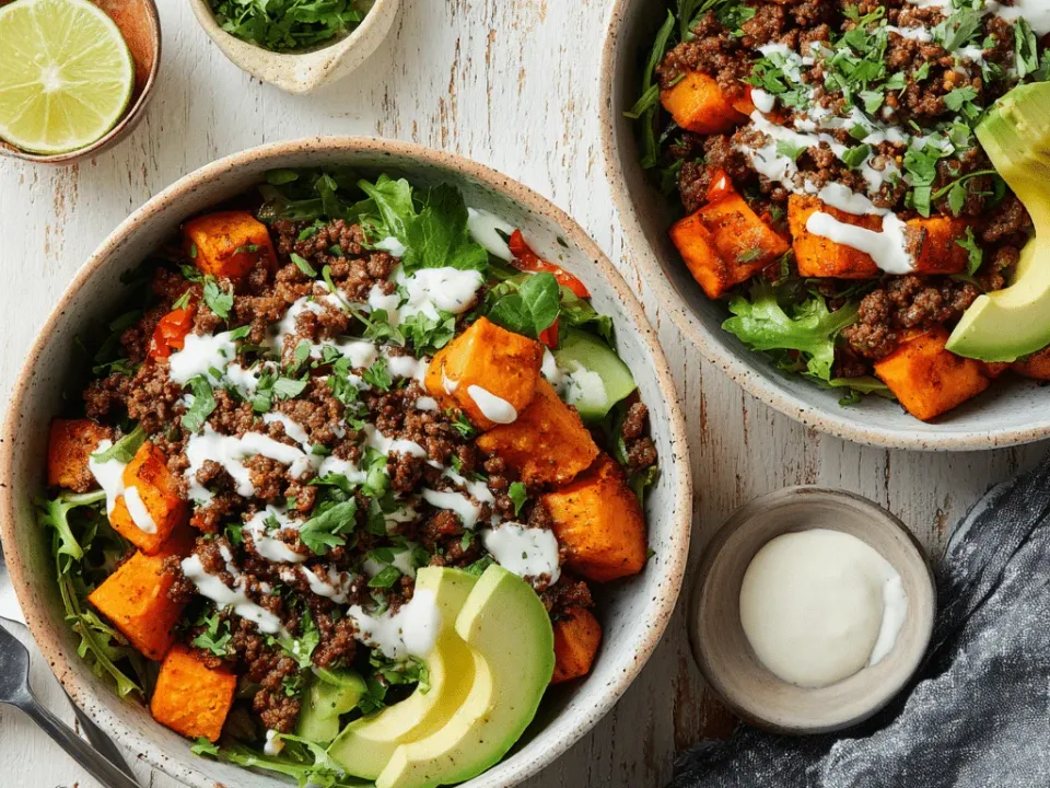Browned crumbled ground beef over a base of green leaves with roasted orange sweet potato cubes, sliced avocado, diced tomato and cucumber, drizzled in a lattice of white creamy sauce and scattered with chopped coriander