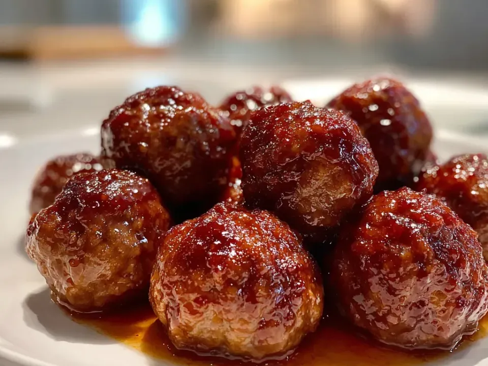 A white plate of round meatballs coated in a thick, glossy, sticky red-brown sweet glaze pooling underneath