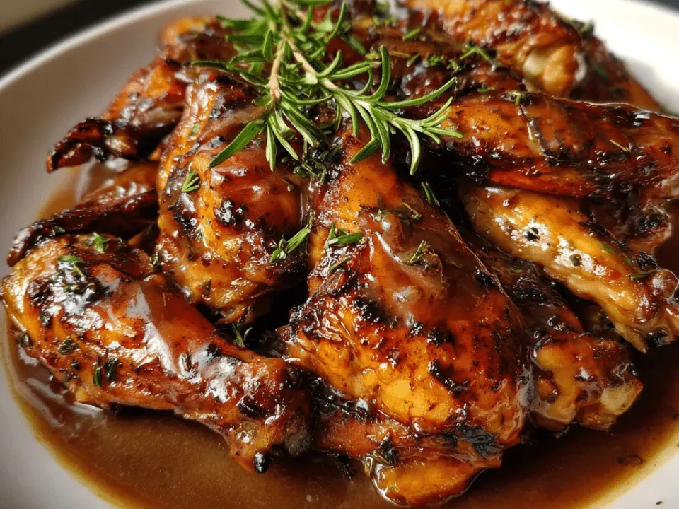 Dark, glossy turkey wings braised in gravy, herbs scattered over the top on a white plate