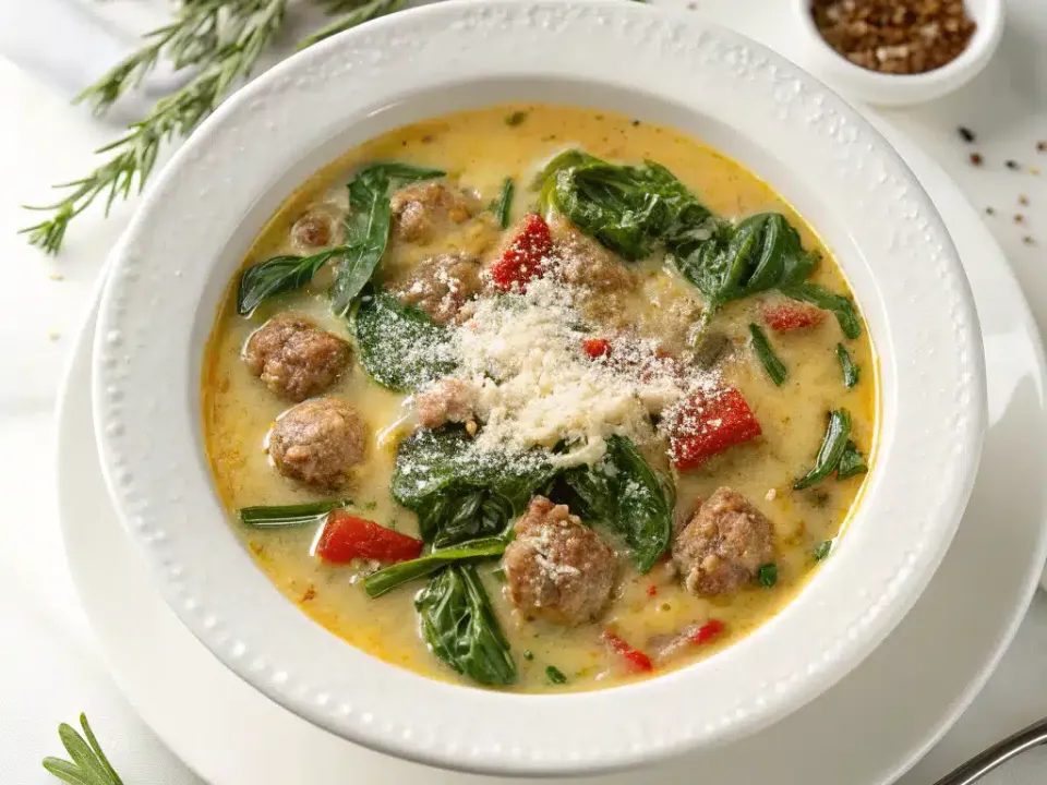 Bowl of creamy Parmesan Italian sausage soup with kale and tomatoes