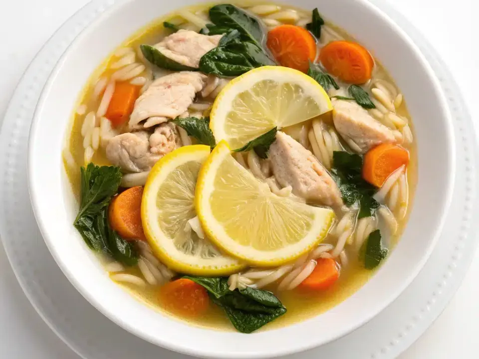Bowl of slow cooker lemon chicken orzo soup with spinach and parsley