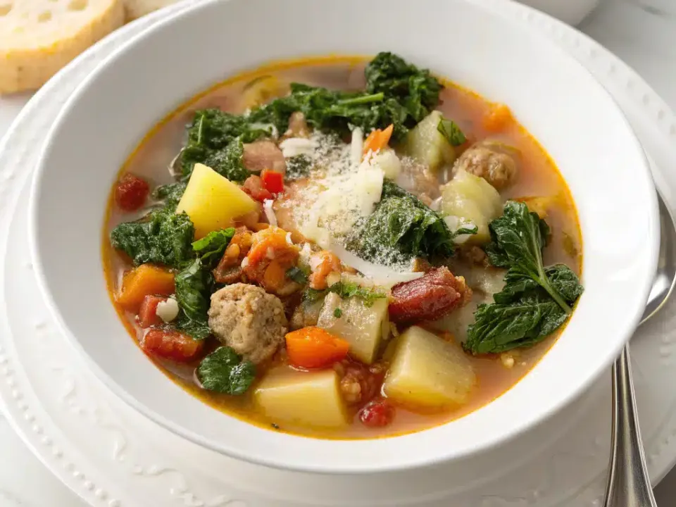 Bowl of Toscana soup with sausage, potatoes, kale and Parmesan, bread alongside