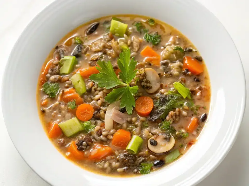 Bowl of autumn wild rice soup with carrots, kale and mushrooms