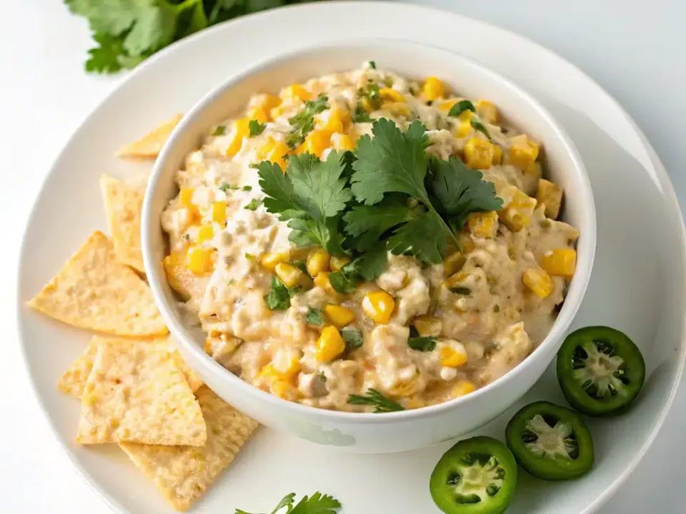 Slow cooker jalapeño corn dip topped with melted cheese and cilantro