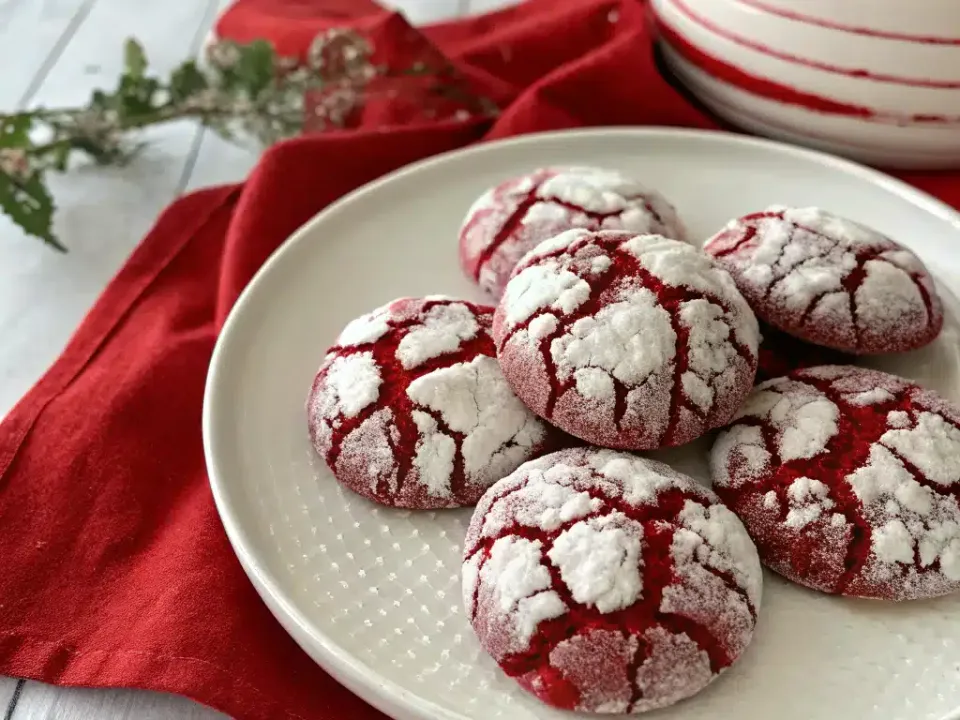 Red velvet crinkle cookies with cracked powdered sugar tops on a rack