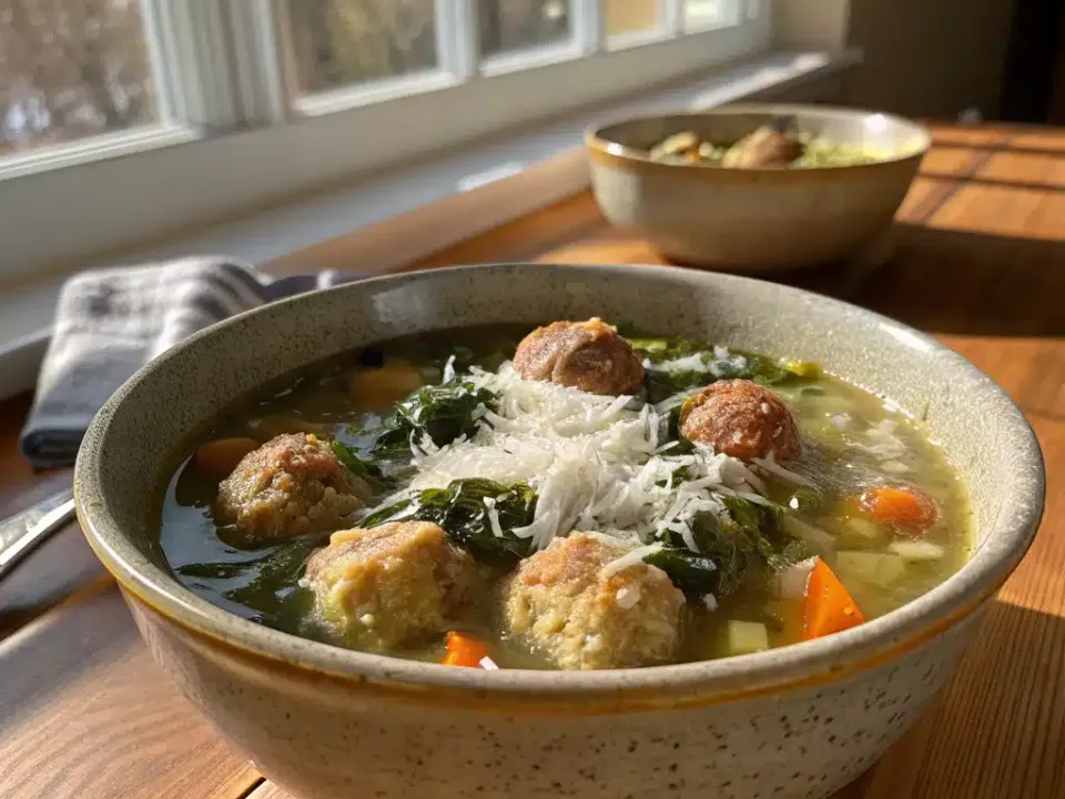 Bowl of Italian wedding soup with mini meatballs, spinach and Parmesan