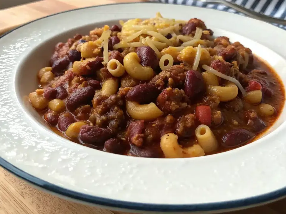 Bowl of three-bean chili mac topped with melted cheddar and cilantro
