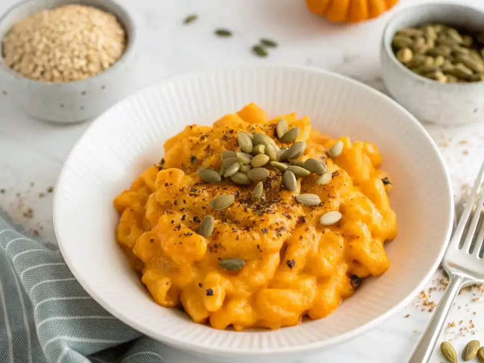 Bowl of creamy pumpkin mac and cheese topped with pumpkin seeds