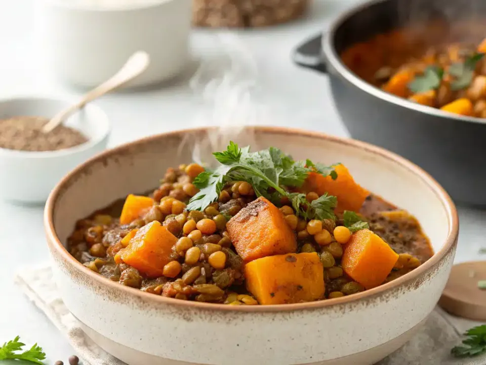 Bowl of butternut squash and red lentil curry with cilantro and lime