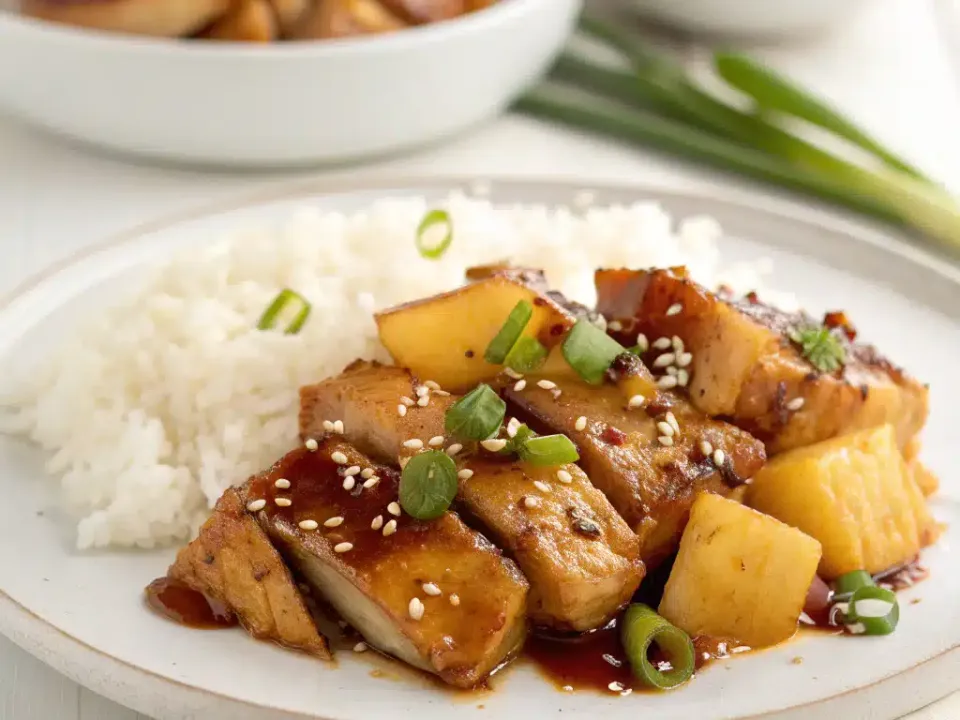 Sliced chicken in a dark teriyaki glaze with pineapple chunks, sesame seeds and sliced spring onion on a speckled plate beside a mound of white rice