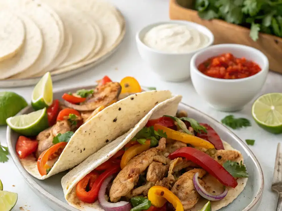 Shredded slow cooker chicken fajitas with peppers and onions in the crock
