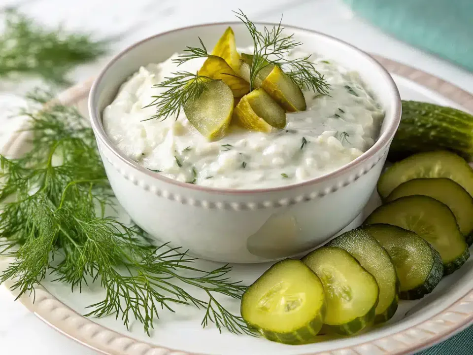 Bowl of creamy dill pickle dip with fresh dill and ridged chips