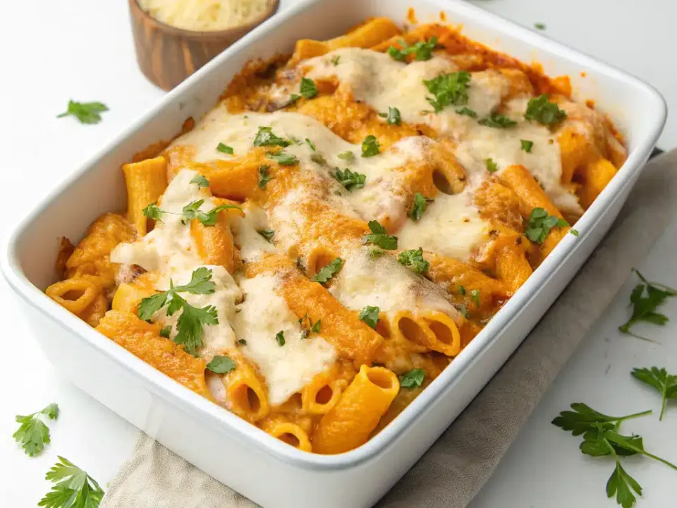 Large rigatoni tubes coated in a thick orange sauce in a white rectangular baking dish, blanketed with melted cheese browned lightly in places and scattered with chopped parsley