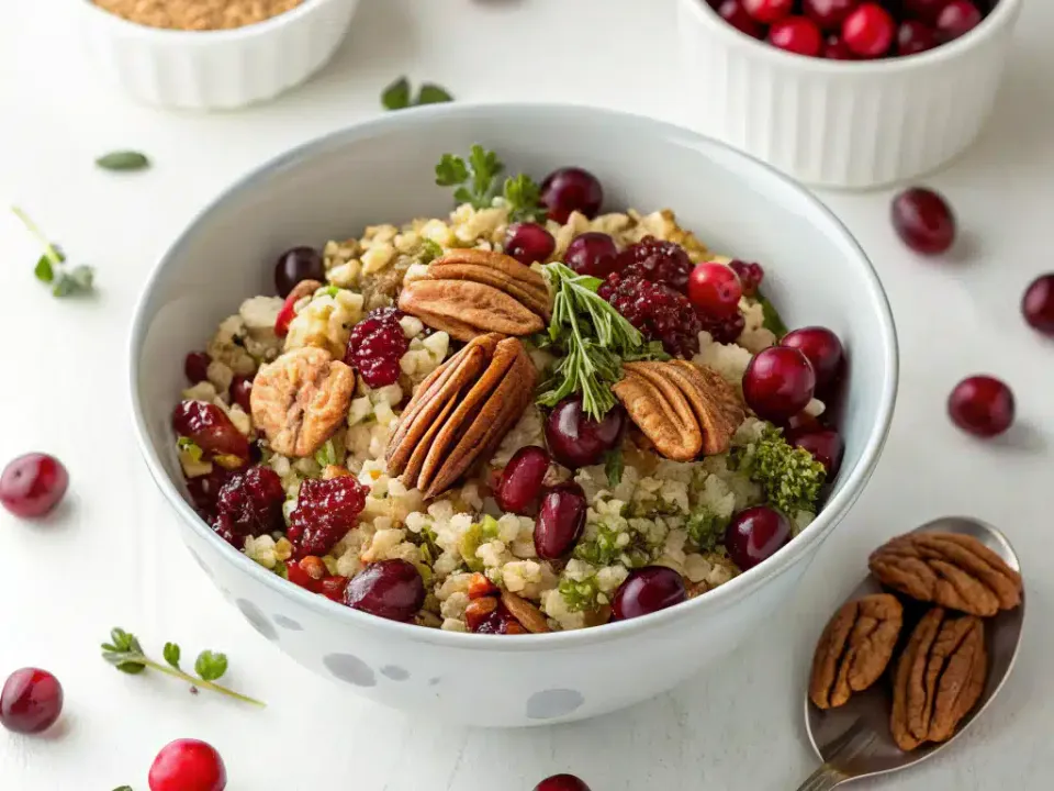 Harvest grain bowl with roasted sweet potato, cranberries and pecans