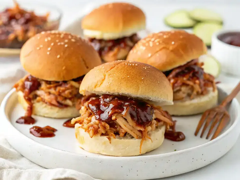 Row of small slider rolls filled with shredded barbecue chicken and coleslaw, with glossy buttered tops