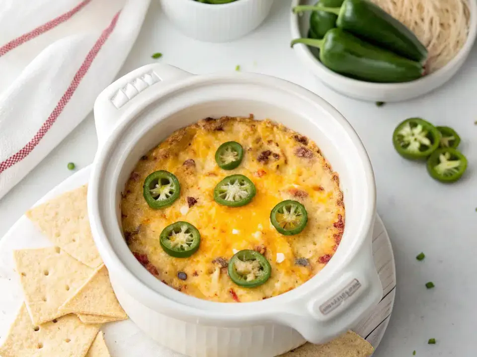 Slow cooker of thick melted cheese dip flecked with diced jalapeño, topped with crumbled bacon and sliced green onions