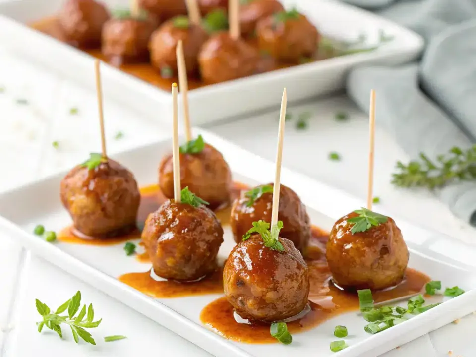Slow cooker of dark glazed meatballs in a glossy maple bourbon sauce, scattered with sliced green onions