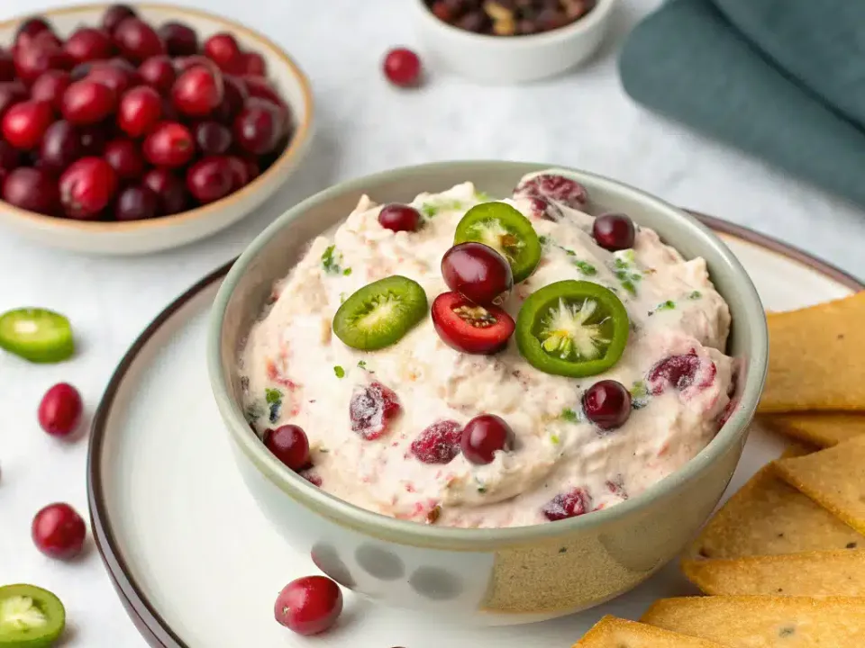 Cranberry jalapeño relish spooned over cream cheese on a platter