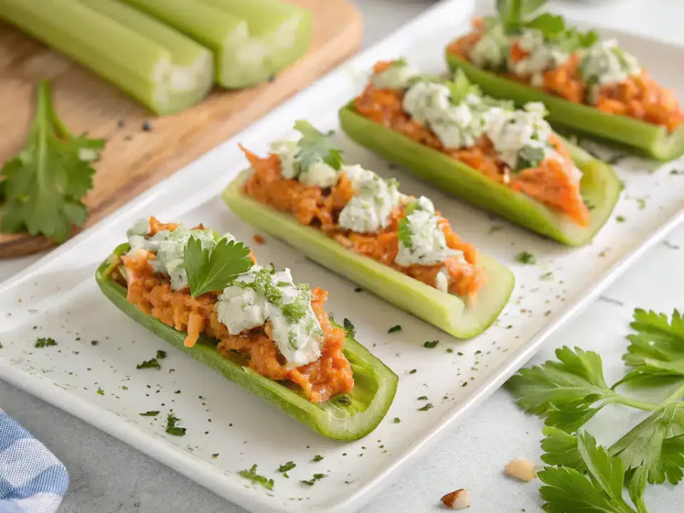Raw celery boats on a white platter filled with an orange buffalo chicken mixture and topped with blue cheese crumbles and parsley