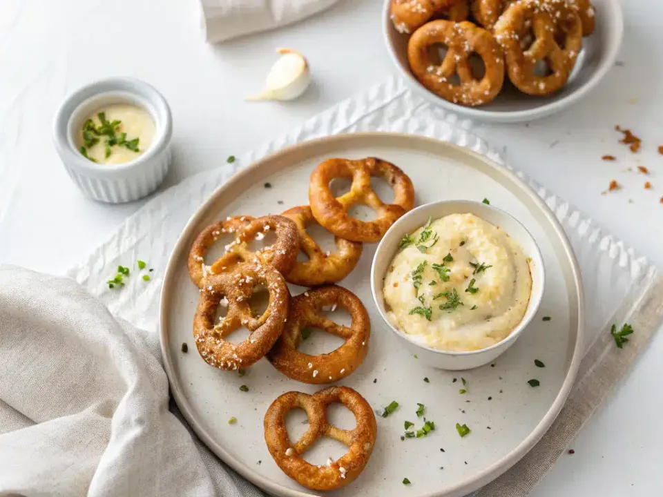 Golden pretzel bites dusted with Parmesan beside a bowl of pale creamy garlic dip