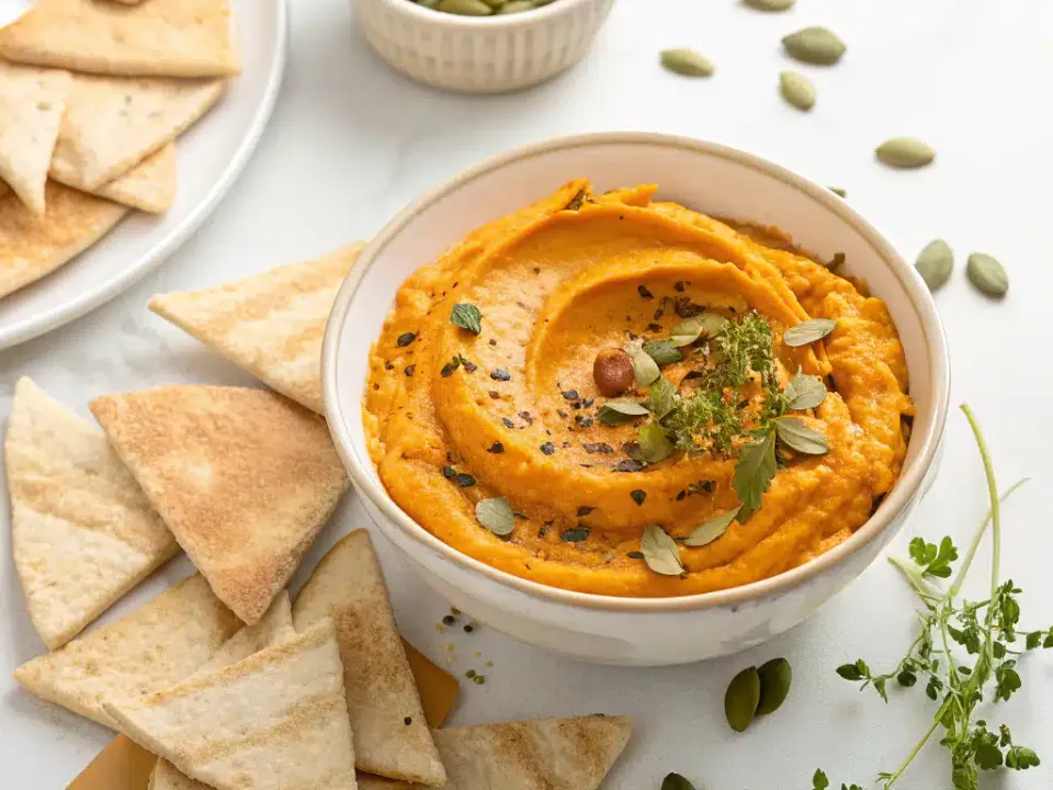 Bowl of pumpkin hummus topped with pepitas, with baked pita chips