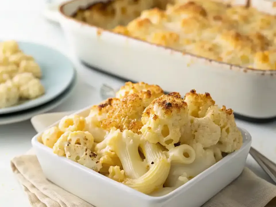 Cauliflower florets and macaroni together in a thick pale cheese sauce under a browned crisp crumb topping in a white dish