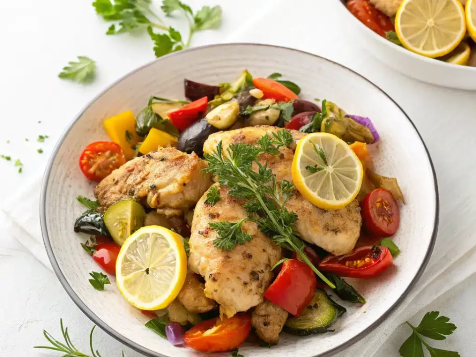 Browned chicken thighs with red and yellow peppers, courgette half-moons and lemon in a wide shallow bowl