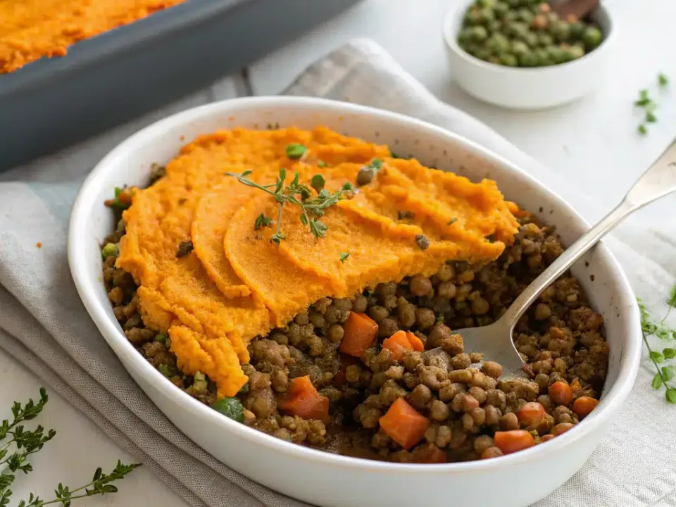 A brown lentil filling with diced carrot and green peas under piped orange sweet potato mash in a white oval dish, browned at the ridges with thyme sprigs on top