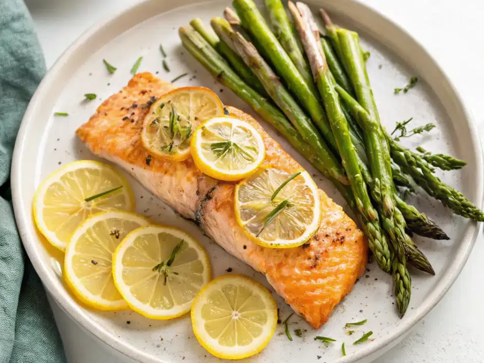A roasted salmon fillet topped with lemon slices beside a bundle of roasted asparagus spears on a white plate, with more lemon slices alongside