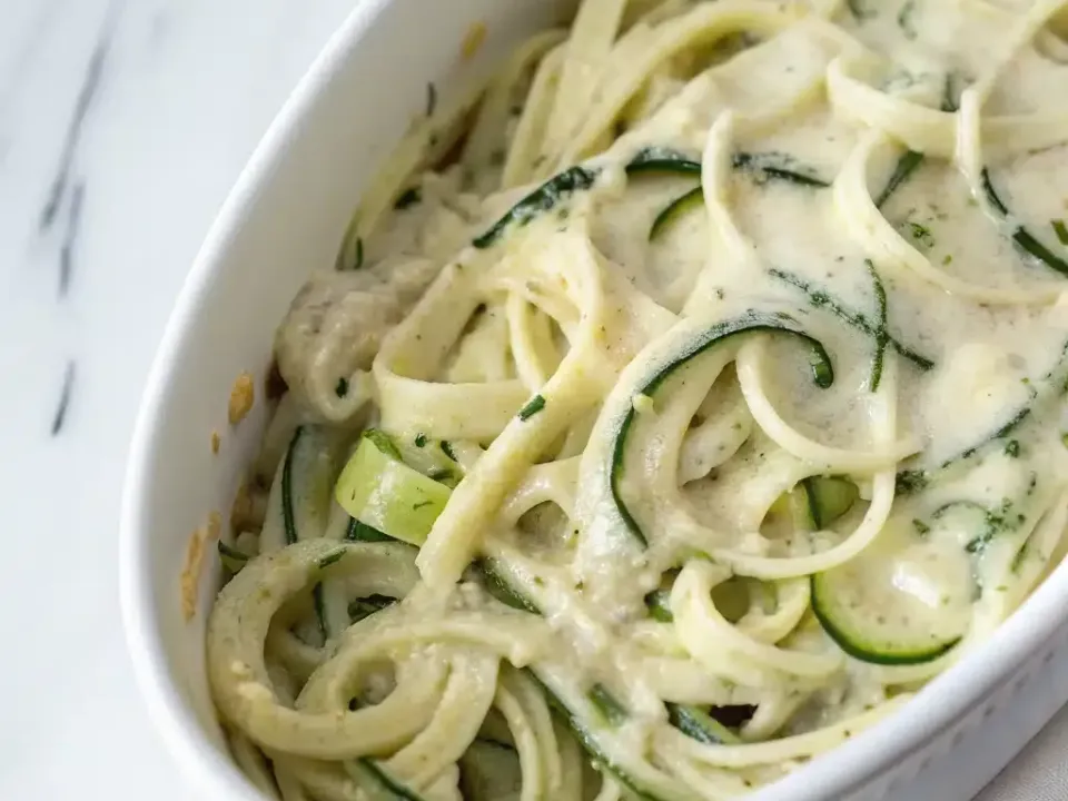 Spiralised zucchini noodles mixed through spaghetti in a thick ivory cream sauce in a white oval baking dish, flecked with parsley and browned only at the rim