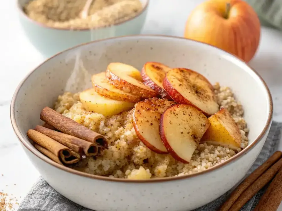 Cooked pale white quinoa topped with skin-on red apple slices dusted with cinnamon in a speckled cream bowl, with cinnamon sticks resting in the bowl