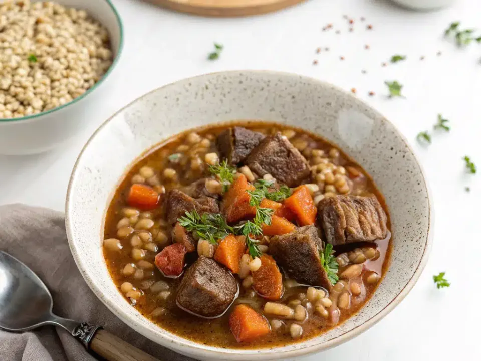 A speckled bowl of beef and barley stew - cubes of beef, chunks of carrot and plump barley grains in a brown broth, topped with thyme, with a bowl of dry barley behind it.