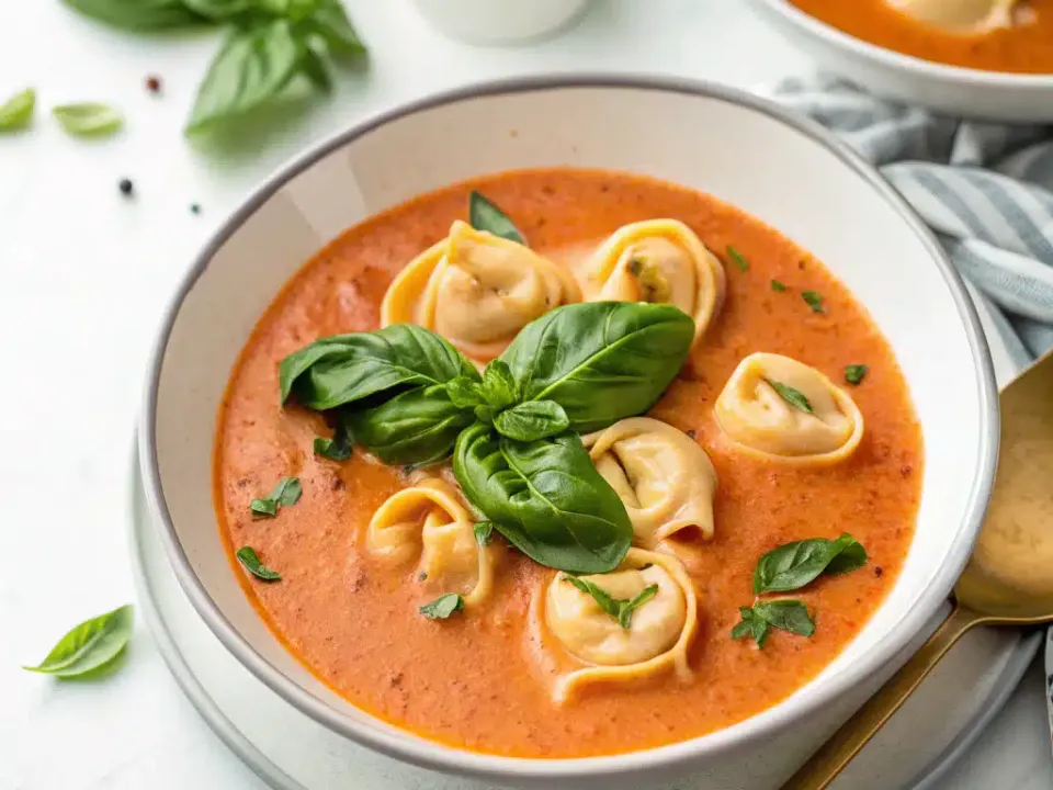 Bowl of creamy tomato basil soup with cheese tortellini and Parmesan