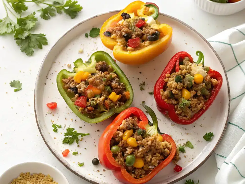 Bell peppers filled with a quinoa, black bean and corn mixture, on a pale plate with coriander alongside