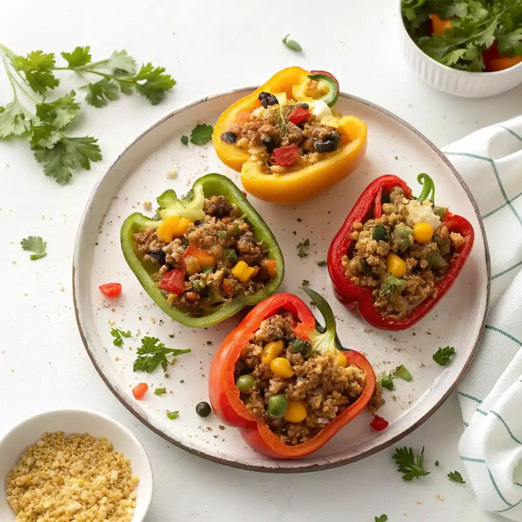 Stuffed peppers inside slow cooker before cooking